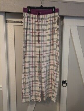Women's Large Covington White Plaid Fleece Long Lounge Pants PJ Pants New